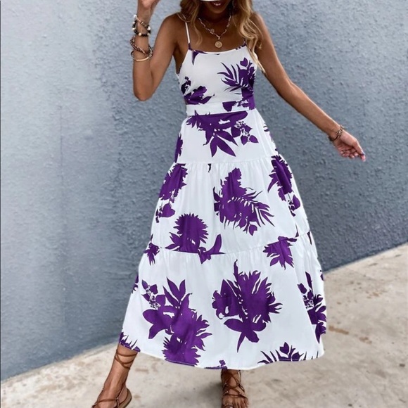 Boho blue white floral tropical print tie back maxi dress - Picture 9 of 14